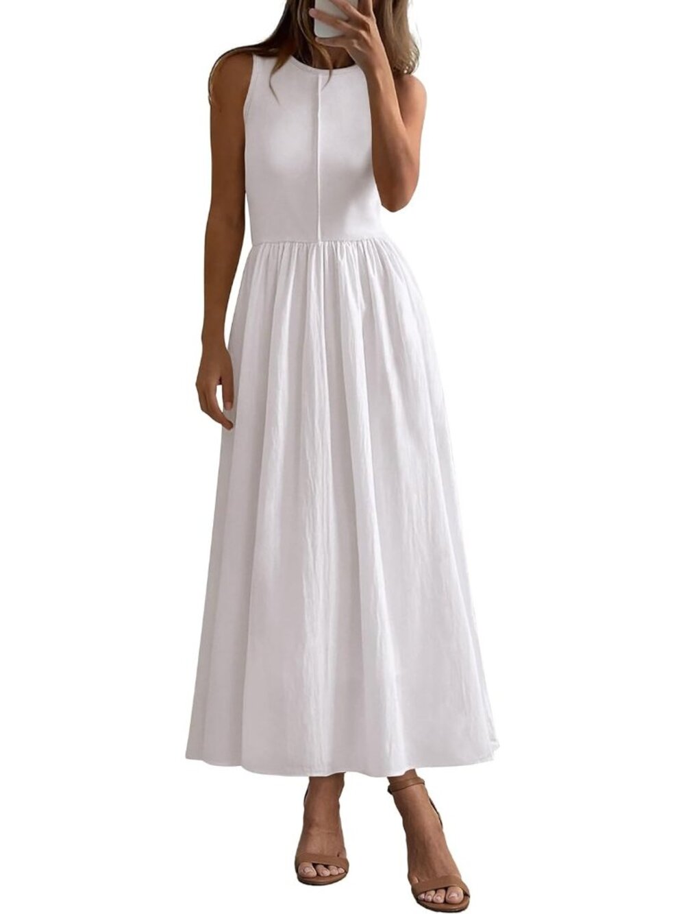 Women's Beige White Summer Casual Sleeveless Patchwork Flowy Vacation Maxi Dress